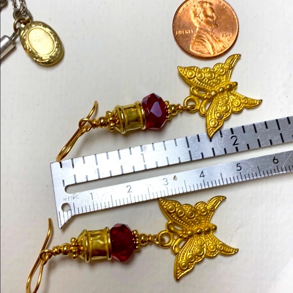 Handmade red gold butterfly earrings long artisan - Picture 3 of 7